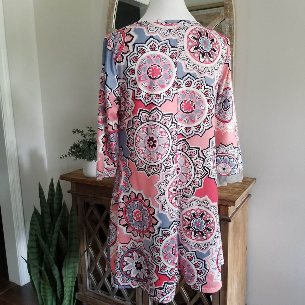 Dress. Coral, Peach, Periwinkle, White, Mandala Print. Size Medium. - Picture 5 of 10